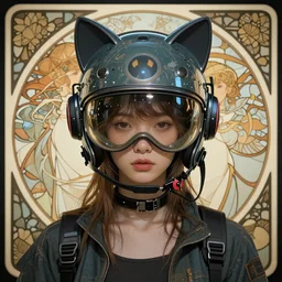 girl wearing cat-ear helmet, cyberpunk, by alfons mucha