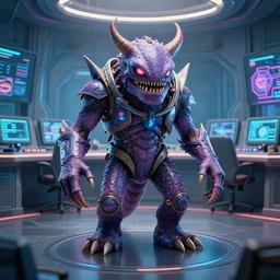 A cyberpunk monster in a control room