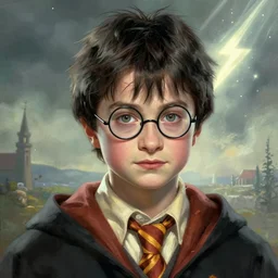 portrait of 1 7 - year - old boy thin face, black hair, green eyes, round glasses as harry potter, scar on forehead as a bolt of lightning, digital painting, 4 k, rays of light, particles light, artstation, kuvshinov ilya, landscape by noah bradley