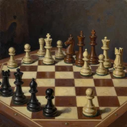 an surrealist oil painting of chess sets