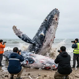 news reporters covering the scene of a whale carcass explosion