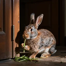 a photograph of a rabbit eating a door, realistic