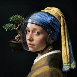 a woman's face in profile, wearing a glass helmet with bonsai, in the style of the dutch masters and gregory crewdson, dark and moody