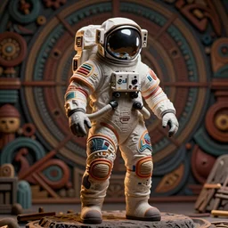 A photo-real delicate sculpture of an ornate detailed astronaut in front of an intricate background by AJ Fosik, micro detail, backlit lighting, octane renderer, colourful, physically based rendering, tribal art, trending on cgsociety