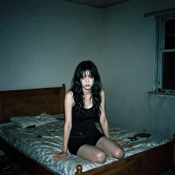 Photograph of an abandoned 1940s bedroom with the woman from Kojima’s PT, dark, no lights, moist, taken using a film camera with 35mm expired film, bright camera flash enabled, award winning photograph, creepy, liminal space