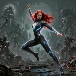 Wanda Maximoff, dynamic pose, glowing, wires everywhere, by Edgar Maxence and Ross Tran, Zdzisław Beksiński, and Michael Whelan, distant, gustav dore, H.R. Giger, 8k, octane render