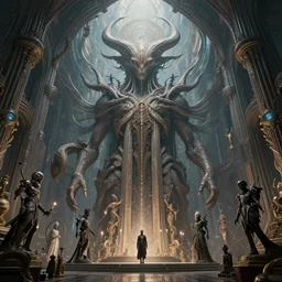 demonic but holy epic gigantic symmetrical inside of a cathedral psychedelic church of alien god, cyberpunk concept art by pete mohrbacher and guweiz and wlop and artgerm and josan gonzalez and syd mead, digital art, highly detailed, intricate, sci - fi, sharp focus, trending on artstation hq, deviantart, unreal engine 5, 4 k uhd image, 3 d