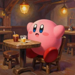 kirby sitting in a d & d fantasy tavern, 4 k, ultra realistic, oil painting, octane render