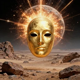 the long - shot portrait of bene gesserit in full - face golden glowing mask seeing the explode of energy and death of planet in the rocky desert landscape, film still from the movie directed by alejandro jodorowsky with cinematogrophy of christopher doyle and art direction by hans giger, anamorphic lens, kodakchrome, cinematic composition, very detailed photo, 8 k,