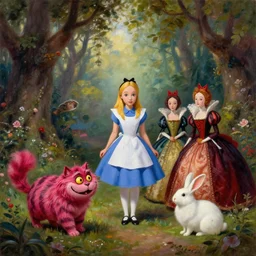 beautiful landscape oil matte painting, of alice in wonderlannd, the cheshire cat, the queen of hearts, the white rabbit : : art by anders zorn, wonderful masterpiece by greg rutkowski, beautiful cinematic light, thomas lawrence, greg rutkowski