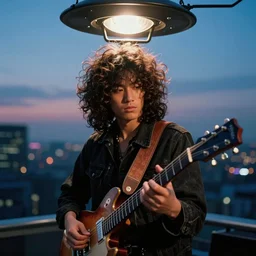 The long shot of charismatic disco punk rock young Asian man with messy very long curly dark brown hair playing on jazz guitar, the very strong fresnel top light, top ufo light, twilight city on the background, by Lubezki, anamorphic 35 mm lens, city twilight landscape, cinematic composition, rock movie, Kodachrome film, 4k