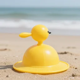a yellow plastic freezbee in the shape of a hat, taking place on the beach, closeup shot with depth of field, high quality promotional picture