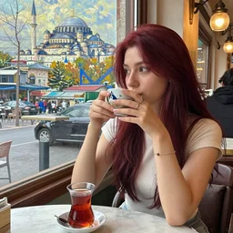 a girl with dark red hair seating in cafe and drinking tea, Istanbul can be seen in window behind her oil painting