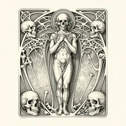 detailed realistic memento mori lithograph by cameron gray and ernst haeckel, gothic ornament, skulls, bones, art nouveau, neogothic, ornate art nouveau botanicals, horizontal symmetry