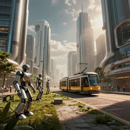 natural 1 8 0 0 s city with trams robots futuristic artstyle