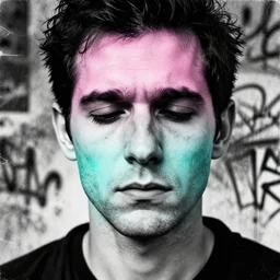 detailed closeup portrait of a sad man, in the style of rob lefield and dan mumford, epic gradient, by atey ghailan, by greg tocchini, by james gilleard, by joe fenton, by kaethe butcher, gradient pink turquiose, black and white color scheme, grunge aesthetic, graffiti tag