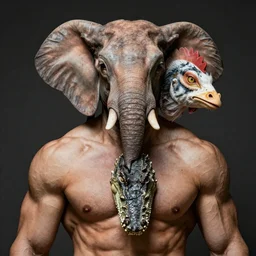 portrait of muscular animal human merged head skin ears, large dark background, scales skin dog, cat merged elephant head cow, chicken face morphed fish head, gills, horse head animal merge, morphing dog head, animal eyes, merging crocodile head, anthropomorphic creature