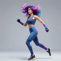 a award winning full body shot of a beautiful woman in a croptop and gloves and leggings with a ombre purple pink teal hairstyle with head in motion and hair flying, outrun, vaporware, vivid colors, highly detailed, fine detail, intricate