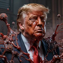donald trump's disgusting true form bursting from within, gross, slimy, sleazy, pustules, high details, intricate details, by feng zhu