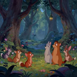 Movie frame from the coloured Disney animated motion picture released in 1937, beautiful enchanted forest full of critters, directed by Walt Disney,  highly detailed background paintings by Thomas Kinkade