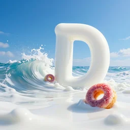 side view extreme close up of a white vitamin d milk ocean sea. nice blue sky on horizon. an ocean of gentle waves made of white milk. a couple of huge fruit loops ride the wave. digital art, octane 3 d, ue 5, 4 k, award winning, dramatic lighting, subsurface scatter, dynamic contrast, hdr.