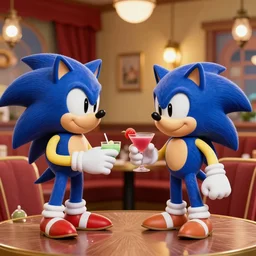 photorealistic Sonic and Mario at a 1960s cocktail party