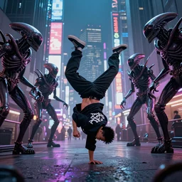 CHAPPIE Breakdancing In The Middle of Neo Tokyo Surrounded by Xenomorph Crews In Lacoste and Street Wear, Full Figure, 8K, octane render, HDR, photorealistic, volumetric lighting, Hyperrealistic-H 960