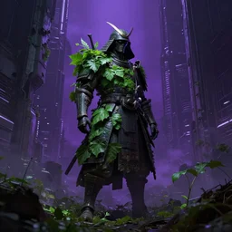 samurai standing in a cyberpunk city, highly detailed green leaves, nature taking back, decayed, cyberpunk, dark fantasy, photorealism, unreal engine, purple hue, sci-fi, by H.R. Giger