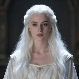 a beautiful royal princess with long white hair, very fair, cinematic lighting scant