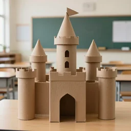 castle made out of cardboard pipes, photorealistic, 4 k, canon 1 d, classroom in background