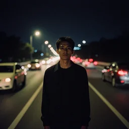 lomo photo of a man standing in the middle of a highway, cars, cinestill, bokeh, out of focus, night, dramatic lighting, grainy