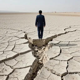 a man in a dark blue uniform floats above the shattered plains. The plains are cracked and shattered as far as the eye can see. Huge gaping chasms between the pieces of land