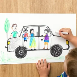 a todler's drawing of a family and their suv