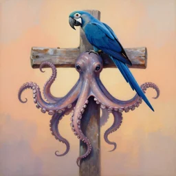 painting of cross between octopus & blue macaw, intercrossed animal, by zdzislaw beksinski, by tiffany bozic, cold hue's, warm tone gradient background, concept art, beautiful composition, digital painting,