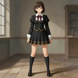 school girl in baroque dress, school uniform, seifuku, pleated miniskirt, overknee socks, battle angel alita. by rembrandt 1 6 6 7, illustration, by konstantin razumov