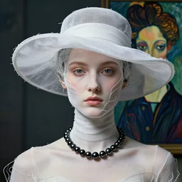 a beautiful futuristic portrait with hat made by wires and white gauze twisted around her face, necklace made by wires and black pearl, design by leonardo davinci, inspired by egon schiele, modern art, baroque art, jewelry designer, new classic, hyper realistic, highly detailed, cinematic composition, cinematic lighting, fashion design, concept art, hdri, 4 k -