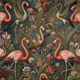 breathtaking detailed concept art painting art deco pattern of birds, flamingos, amalmation blend of flowers and birds, by john james audubon, bizarre compositions, exquisite detail, extremely moody lighting, 8 k