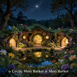 detailed fairy hollow with a pond and flowers, nighttime beautiful glow, stars, by Cecily Mary Barker