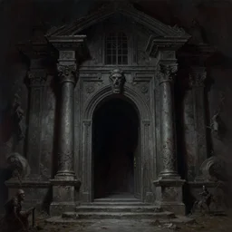 the entrance to an ominous foreboding dungeon, beautiful matte painting, michael whelan, Moebius, frank frazetta, sid mead, thomas kinkade, rodney mathews, trending on artstation