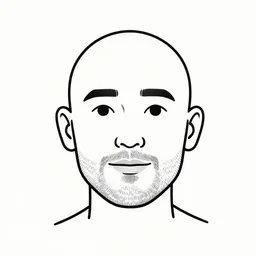 hand - drawn minimalistic line portrait of bald man with round face, short beard, small round eyebrows, wide lips and kind blue eyes, black and white, pictogram, ink, pencil