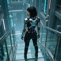 cyberpunk girl wearing robotic clothing, standing on glass stairway looking down into the abyss