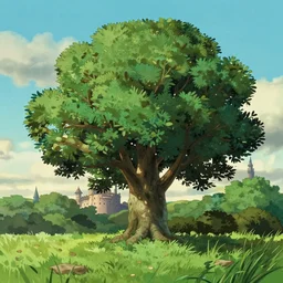 a landscape of a single tree with bushes nearby, studio ghibli, castle in the sky, animated, anime, illustrated, vibrant, by artgerm, dungeons and dragons background on artstation