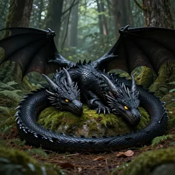 black dragon with yellow eyes sleeping in the forest, dnd, photorealistic, ultra detailed, trending on artstation, concept art, octane render, unreal engine, by shinji aramaki, by christopher balaskas, by krenz cushart