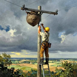 A lineman working on a utility pole with a wasp nest on the pole painting, commercial illustration, Chris Van Allsburg