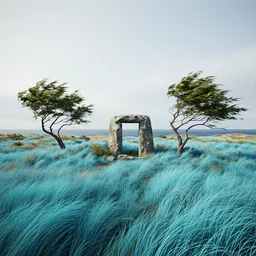 a beautiful render of scandinavian landscape, unreal engine, octane render, by greg rutkowski, cgsociety, windswept seafoamblue grass dunes, northern sea, crooked wind bent trees, withered portal stone in center