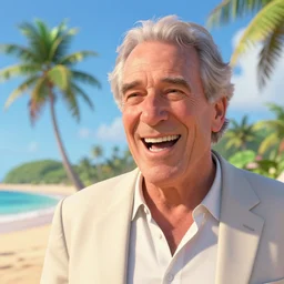 laughing Jeffrey Epstein on tropical island, hyper realistic by Pixar, 8k high quality wallpaper