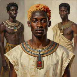 a professionally Collage painted african male model , clothed in ancient street wear, dark skin, red gold hair, big scar on face, beautiful bone structure, symmetrical features, stunningly beautiful, intricate, elegant, digital painting, smooth, sharp focus, illustration, made by, Jacob Lawrence, Sam Gilliam, Edmonia Lewis, Jean-Michel Basquiat, Henry Taylor,