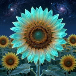detailed, intricate teal and iridescent, bioluminescent sunflowers in the field, nebula, galaxy in the sky, winning award masterpiece, fantastically beautiful, illustration, aestheticly inspired, jacek yerka, upscale with anguissola sofonisba work, artstation, 8 k