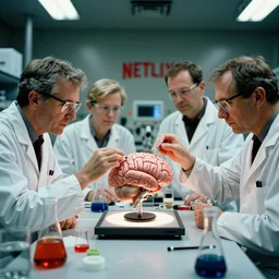 scientists in laboratory studying a human brain, by donato giancola and greg rutkowski and wayne barlow and zdzisław beksinski, netflix logo, military base, colored gels, studio photography, 3 5 mm film look