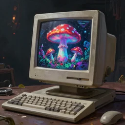 A realistic painting of a vintage computer, with a psychedelic mushroom on the screen, in a post apocalyptic setting, unreal 5, DAZ, hyperrealistic, octane render, RPG portrait, dynamic lighting